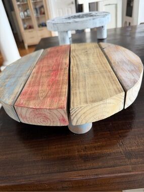 Round Rustic Wooden Display Stand with Distressed Painted Planks